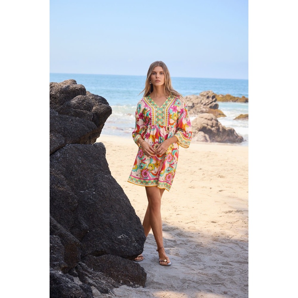 Johnny Was Barbara Mini Dress Womens Small Floral Rich Silk Blend Retro Flowy